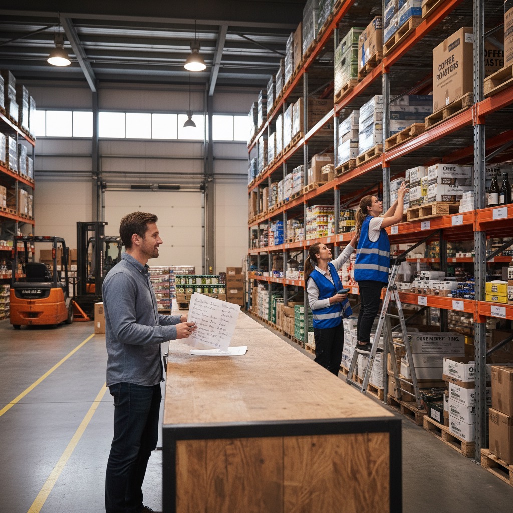 Un hombre revisa una lista de inventario mientras dos trabajadoras organizan mercancía en los estantes de un almacén.