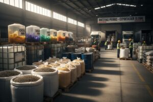 Trabajadores con chalecos y cascos organizan sacos y contenedores de materias primas en un almacén industrial con camiones de carga.