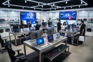 Clientes y empleados interactúan con computadoras y accesorios tecnológicos en una tienda de electrónica moderna.