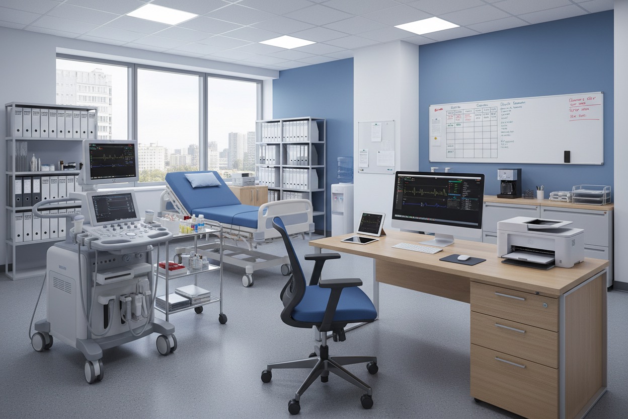 Consultorio médico moderno equipado con una máquina de ultrasonido, una camilla de exploración y un escritorio con computadora.