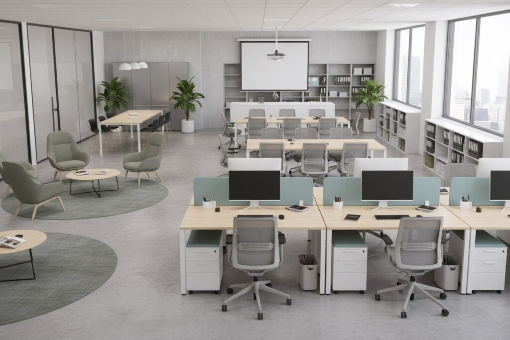 Oficina moderna de planta abierta con estaciones de trabajo, áreas de reunión y muebles de estilo contemporáneo.