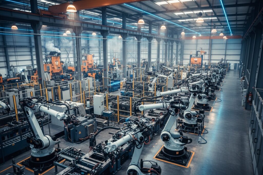 Una línea de ensamblaje automatizada con brazos robóticos industriales operando en una fábrica moderna.