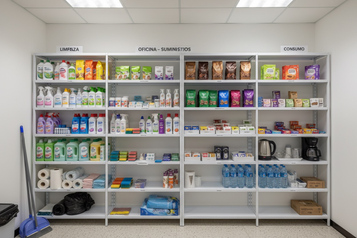 Estantes metálicos organizados con suministros de limpieza, oficina y cafetería en una oficina.