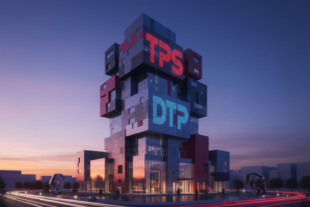 Un edificio moderno de diseño geométrico con letreros de neón que dicen "TPS" y "DTP" bajo un cielo al atardecer.